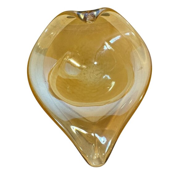 Folded Leaf Hand Blown Amber Honey Art Glass Trinket Bowl or Candy Dish - Picture 2 of 6